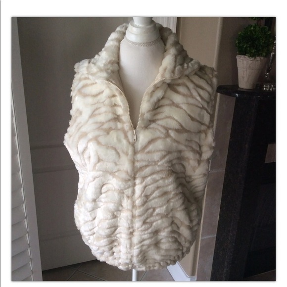 Faux Animal Print Fur Vest SM/MED Cream Beige Full Zip Donna Stewart USA Vintage - Picture 6 of 12
